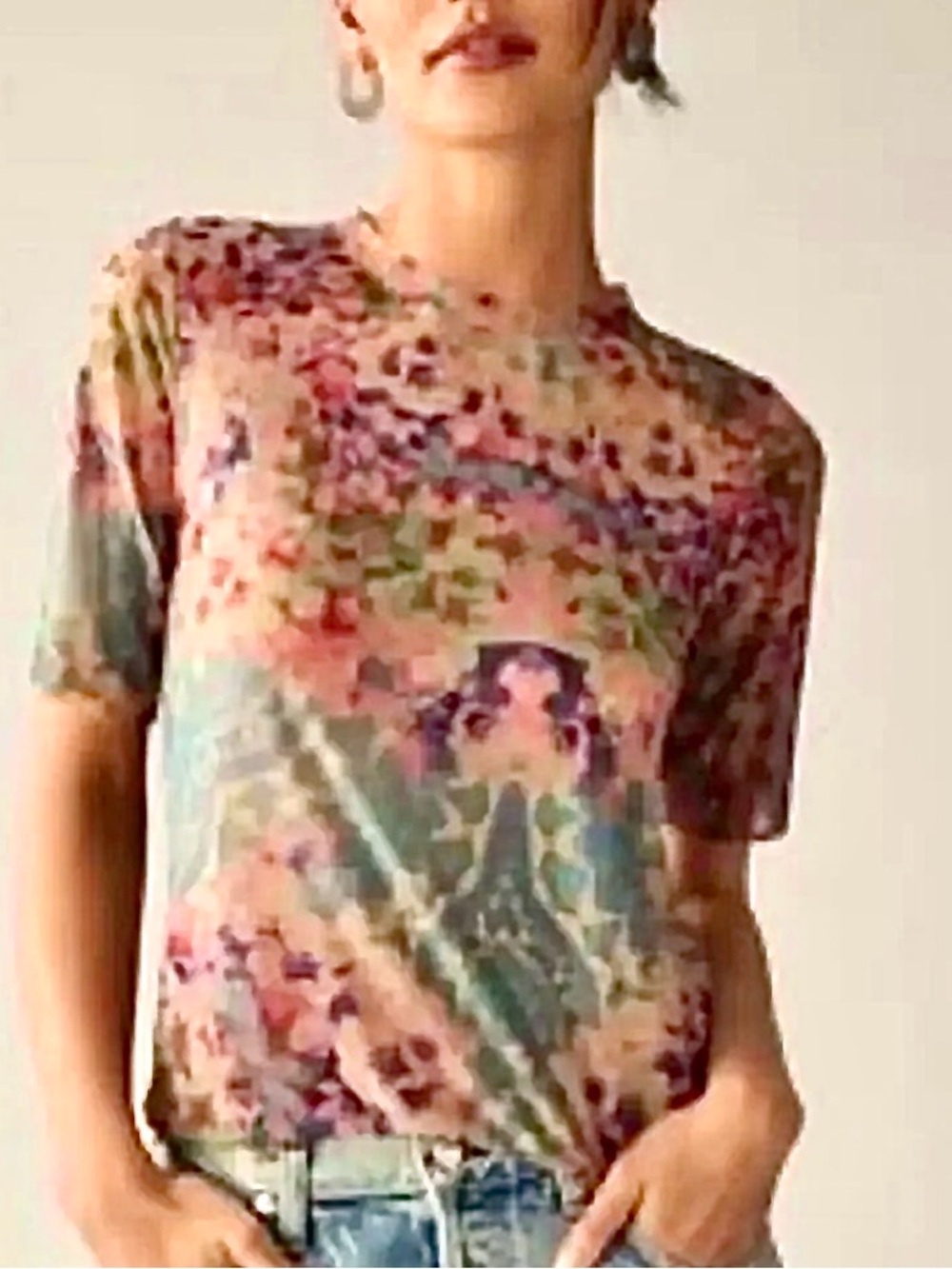 Porridge by Anthropologie Mesh Floral Watercolor Short Sleeve Tee - Pink Multi